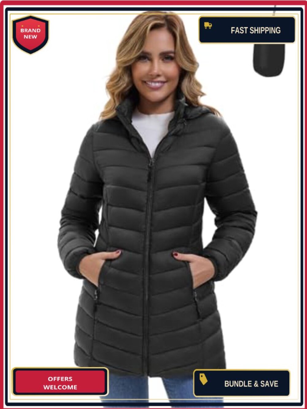 Women's Packable Quilted Puffer Jacket Hooded Mid-Length Winter Coat Pockets
